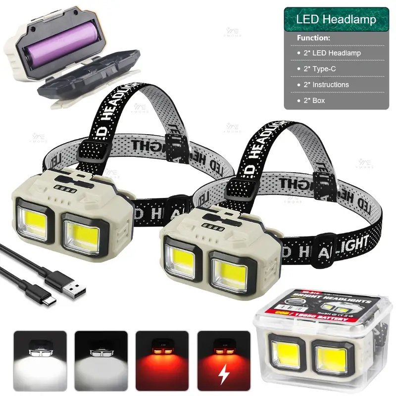 Fishing Headlamp - COB LED ヘッドランプ充電式ヘッドライト防水作業灯安全照明ヘッド懐中電灯屋外キャンプ釣り用