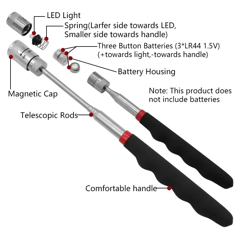 Telescopic Fishing Rod - 伸縮式磁気ペン LEDライト付き 拡張可能なピックアップロッド ミニポータブルマグネットツール ネジ、ナット、ボルト、金属部品用