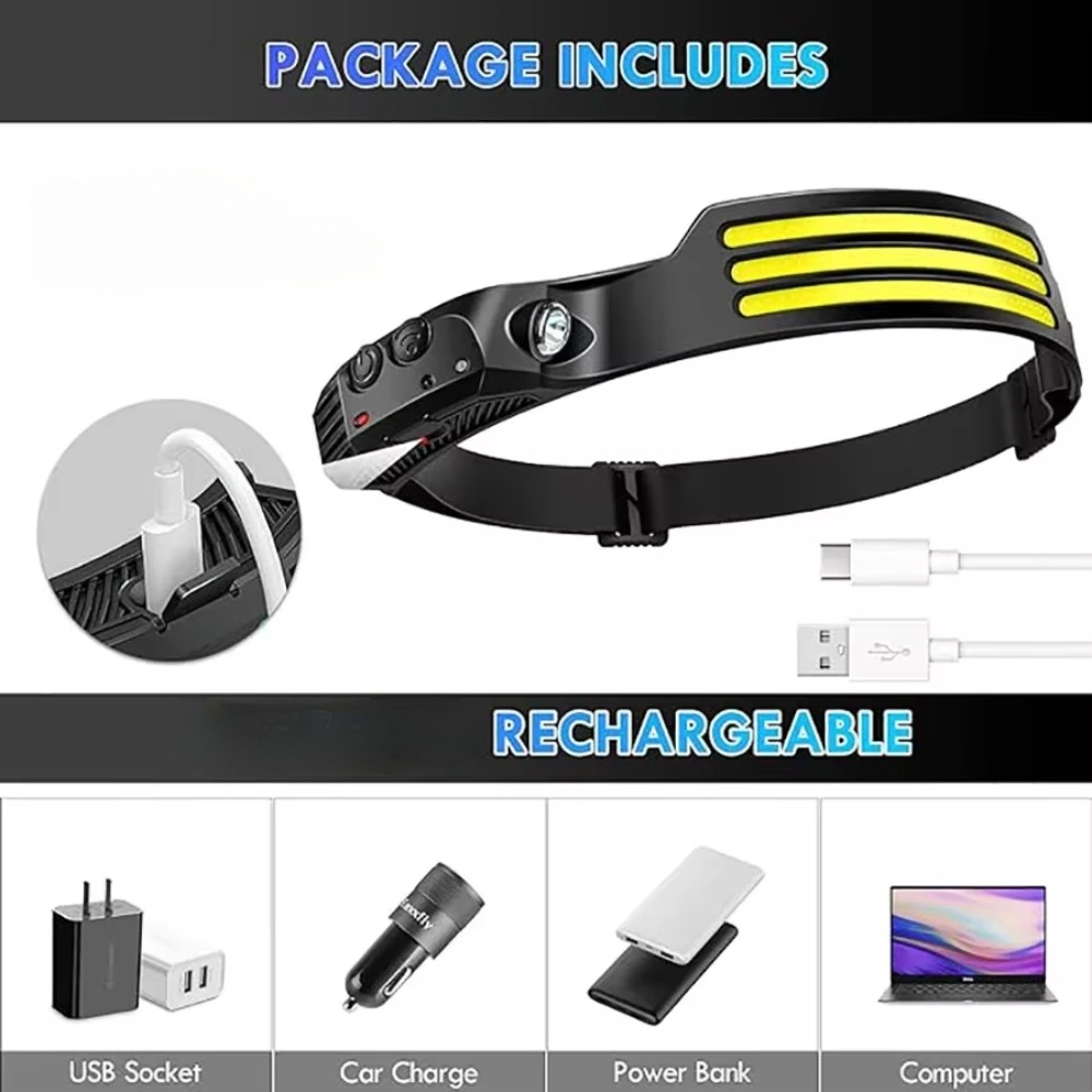 COB LED 誘導ヘッドランプ USB 充電式ランプ 内蔵 - Fishing Headlamp のレビューと価格